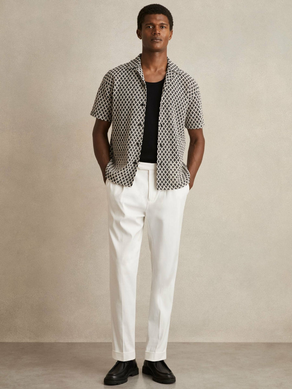 Geometric-Crochet Cuban-Collar Shirt Navy/White | Mens