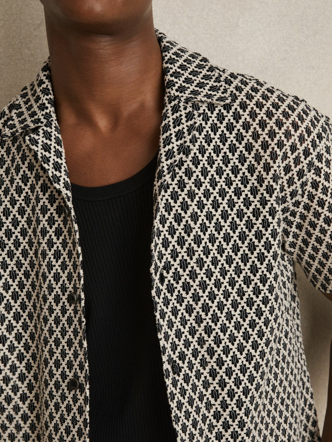 Geometric-Crochet Cuban-Collar Shirt Navy/White | Mens