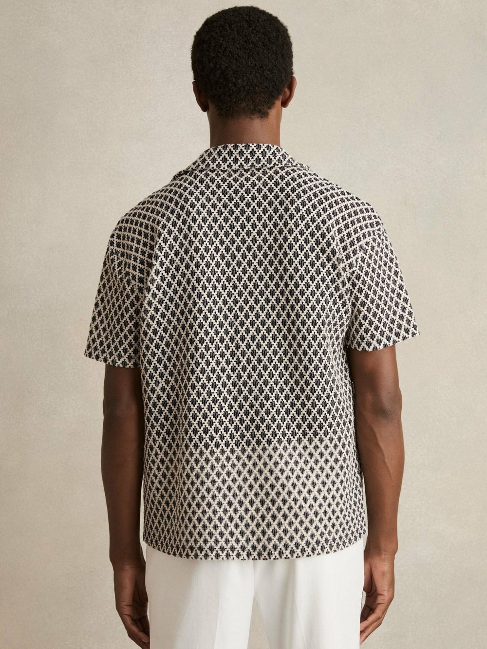 Geometric-Crochet Cuban-Collar Shirt Navy/White | Mens