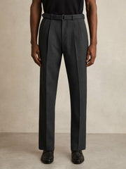 Wool-Blend Belted Pleated Trousers Regular-Fit Charcoal Grey | Mens