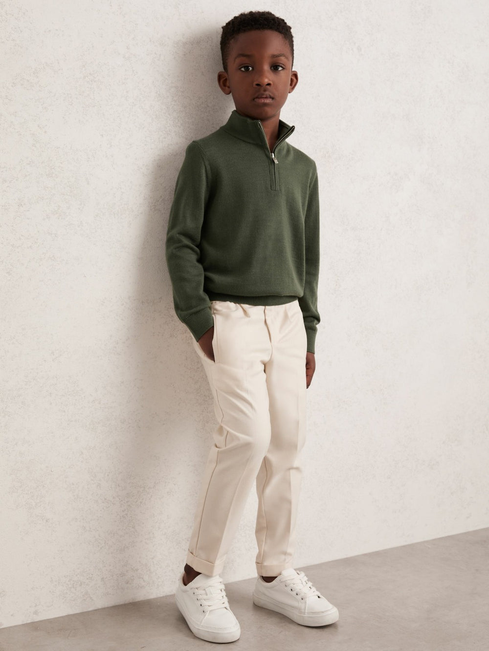 3-9 yrs Merino Wool Half-Zip Funnel Neck Jumper Kale Green | Children