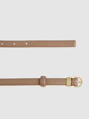 Leather Curved-Buckle Skinny Belt Taupe | Womens