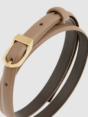 Leather Curved-Buckle Skinny Belt Taupe | Womens