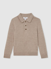 4-9 yrs Merino Wool Long-Sleeve Polo Shirt Wheat Melange | Children