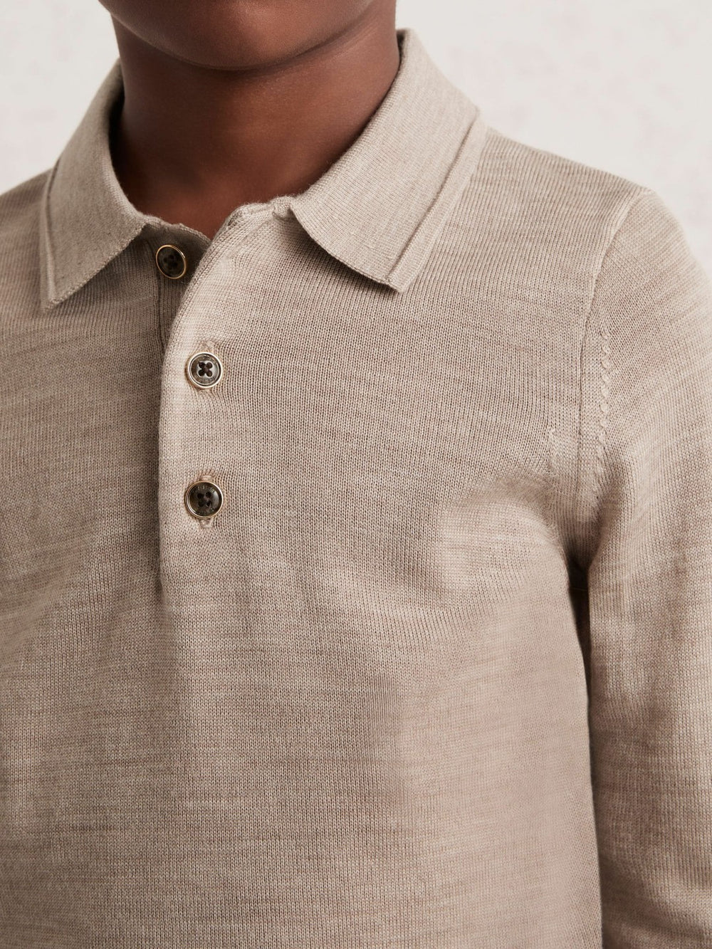 9-13 yrs Merino Wool Long-Sleeve Polo Shirt Wheat Melange | Children