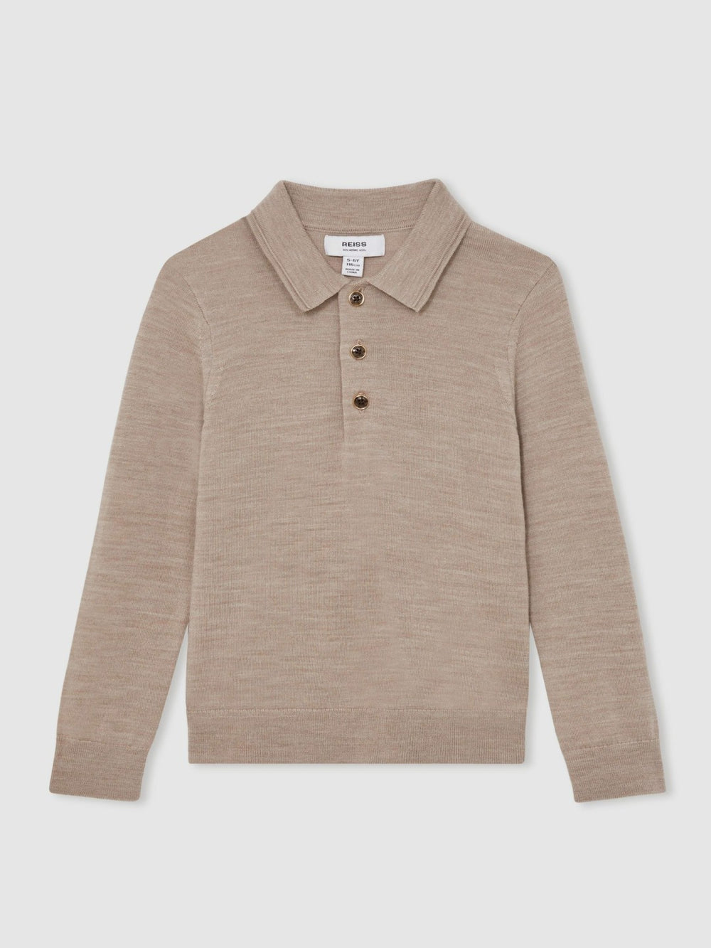 9-13 yrs Merino Wool Long-Sleeve Polo Shirt Wheat Melange | Children