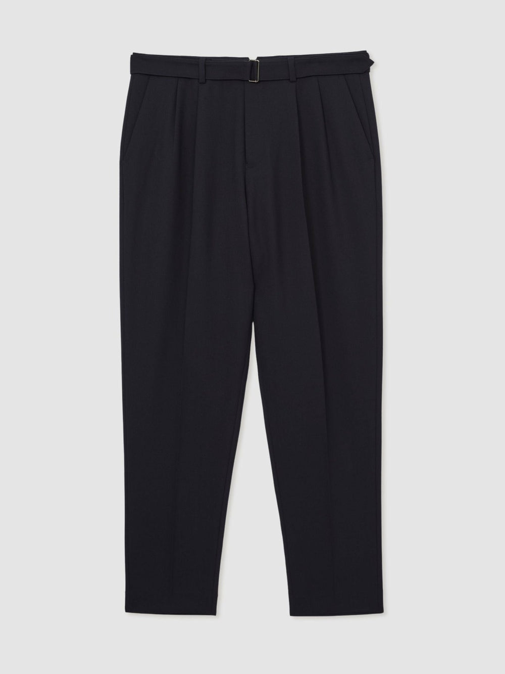 Wool-Blend Belted Pleated Trousers Regular-Fit Navy | Mens