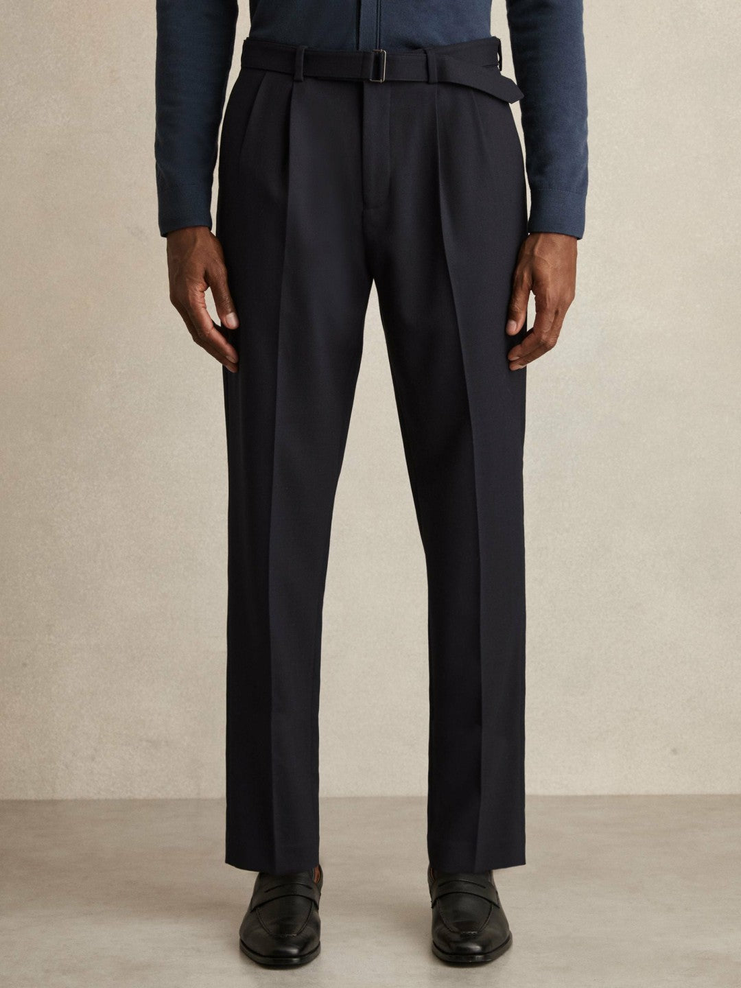 Wool-Blend Belted Pleated Trousers Regular-Fit Navy | Mens