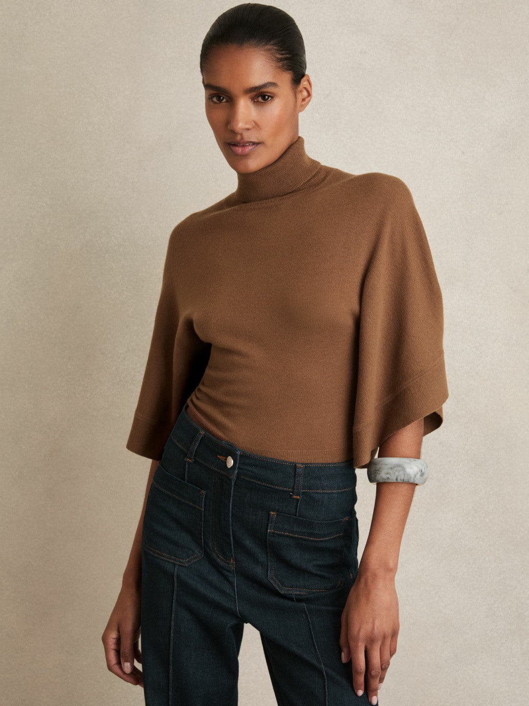 Merino Wool Batwing Roll-Neck Jumper Tan | Womens