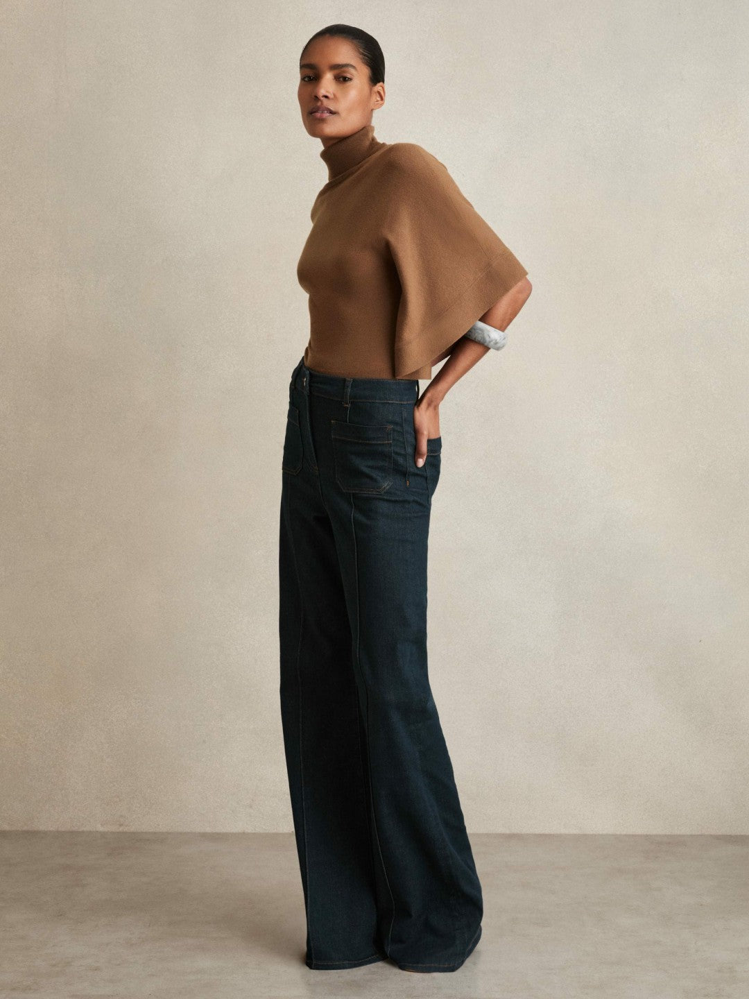 Merino Wool Batwing Roll-Neck Jumper Tan | Womens