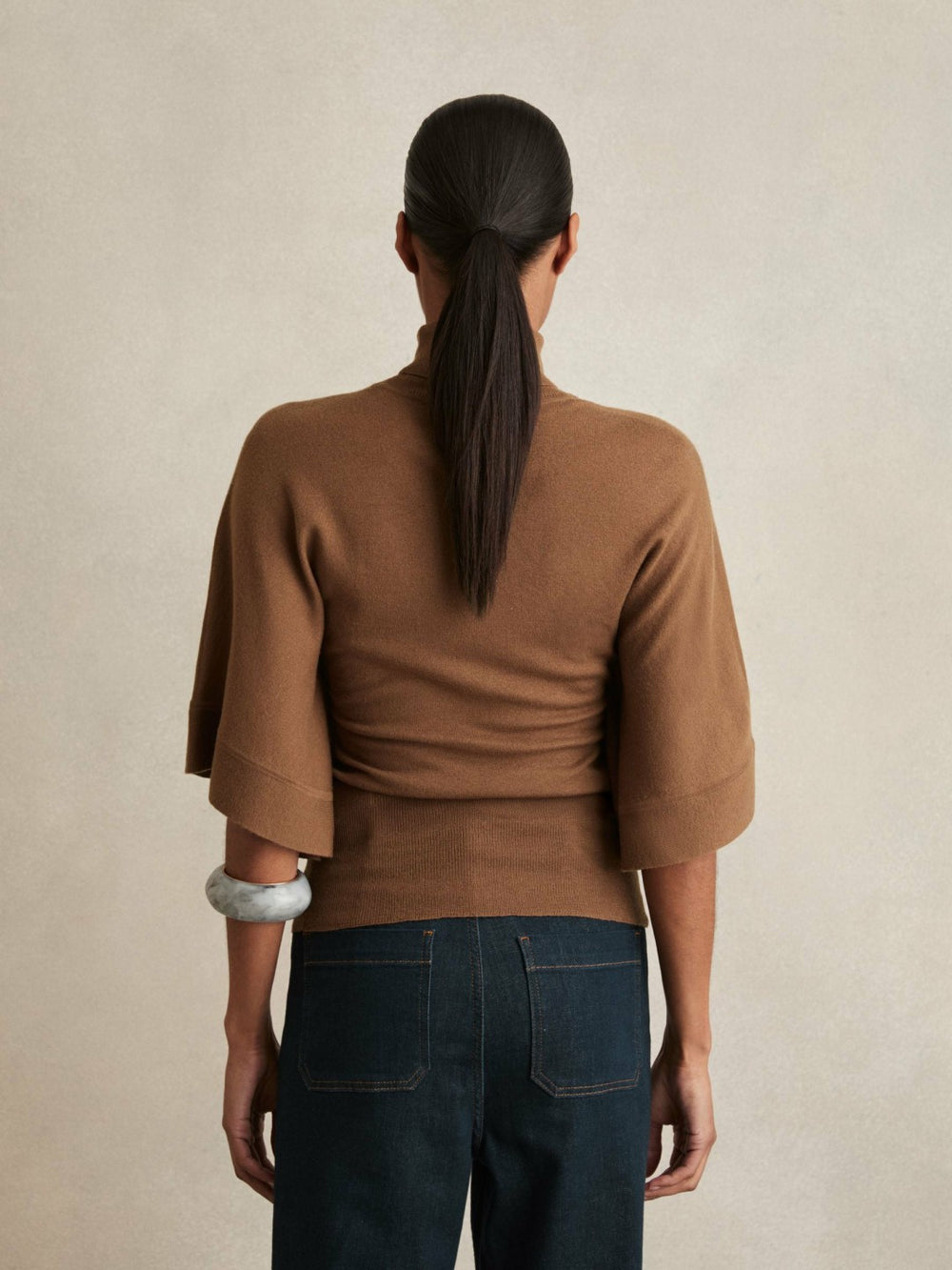 Merino Wool Batwing Roll-Neck Jumper Tan | Womens