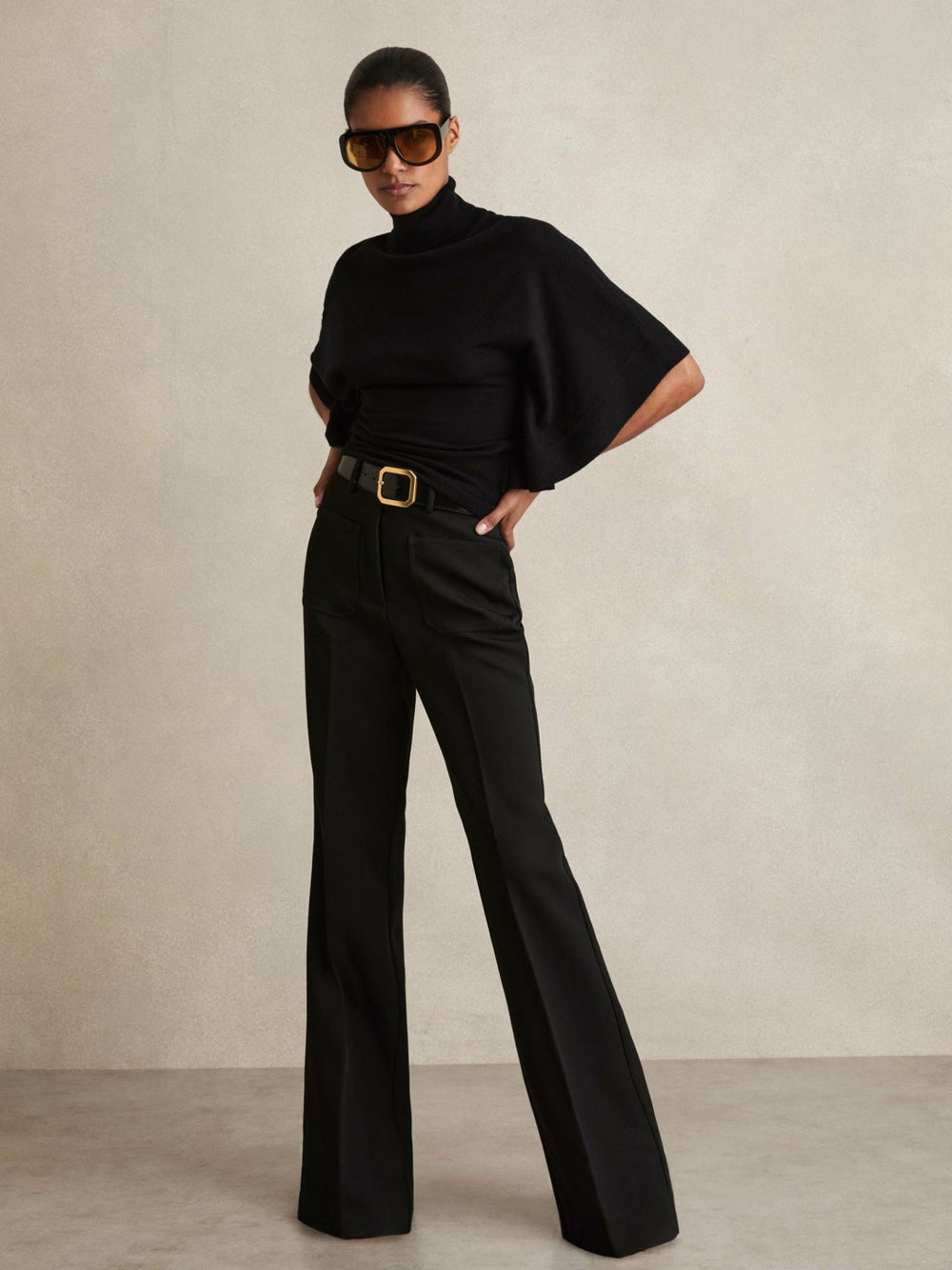 Merino Wool Batwing Roll-Neck Jumper Black | Womens