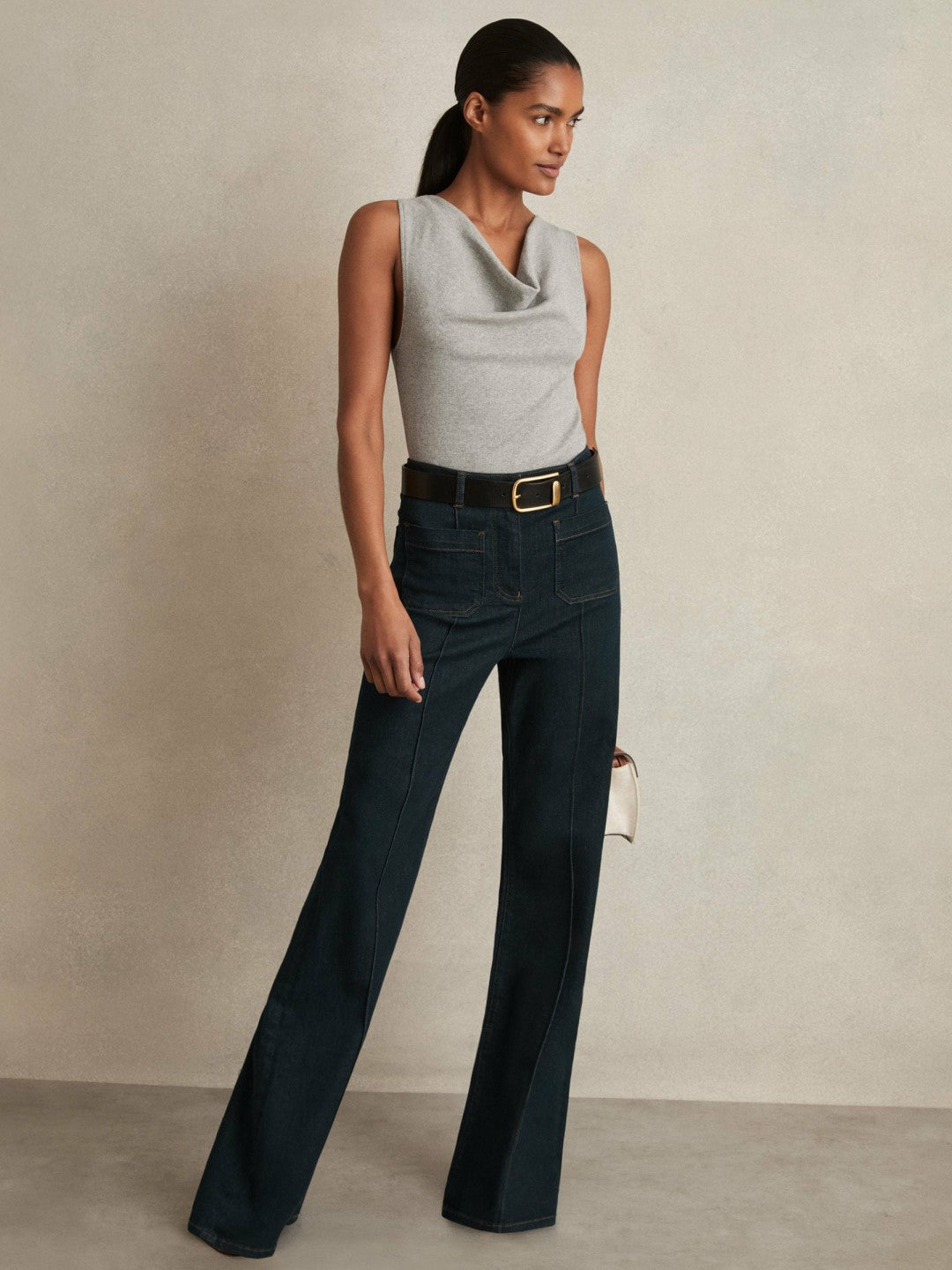 Ribbed Cowl-Neck Vest Grey Marl | Womens
