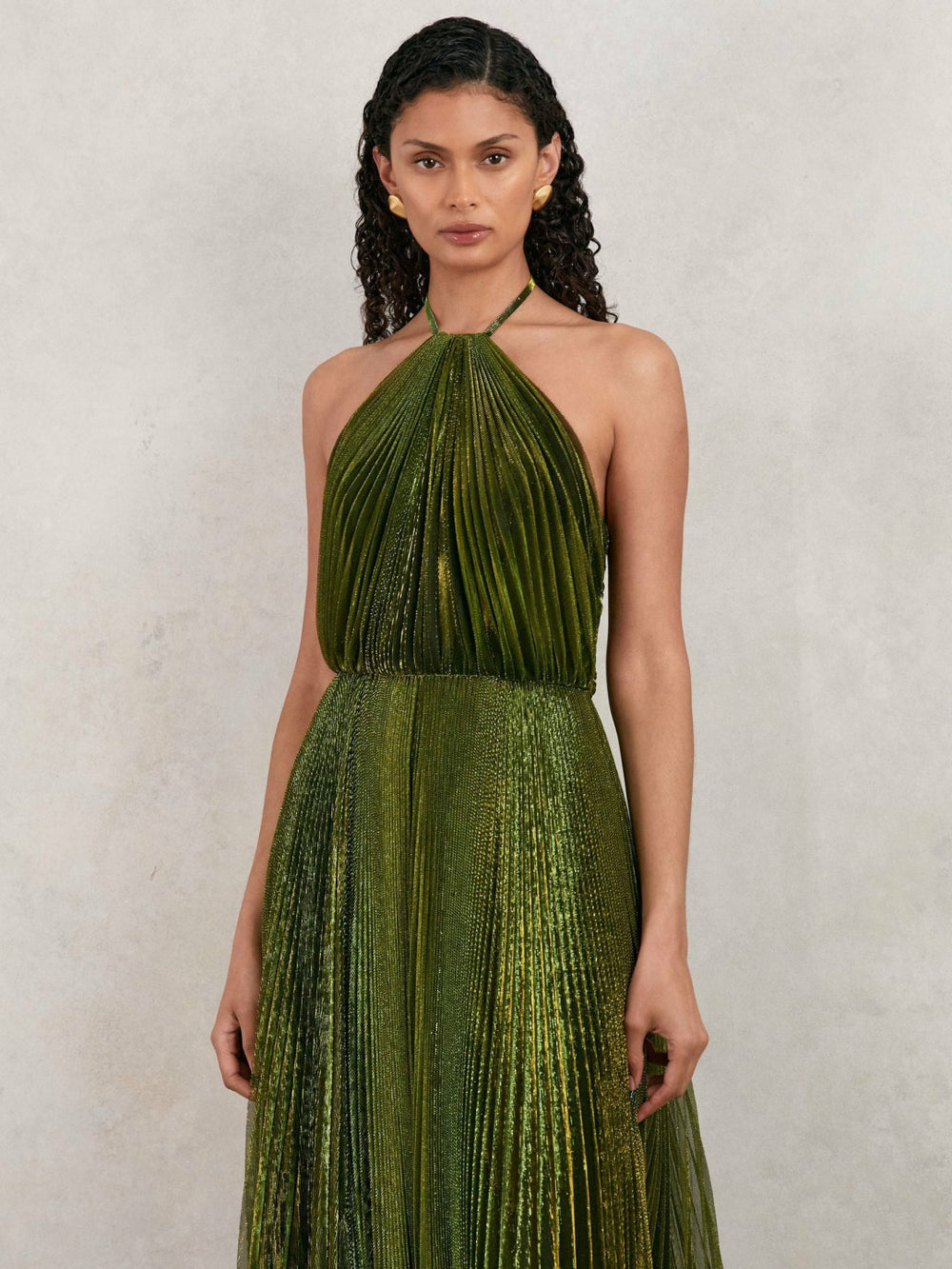Halston Metallic Pleated Maxi Dress Dark Olive Green | Womens