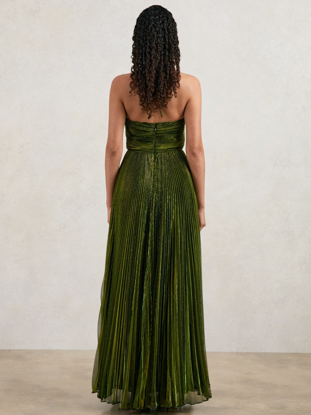 Halston Metallic Pleated Maxi Dress Dark Olive Green | Womens