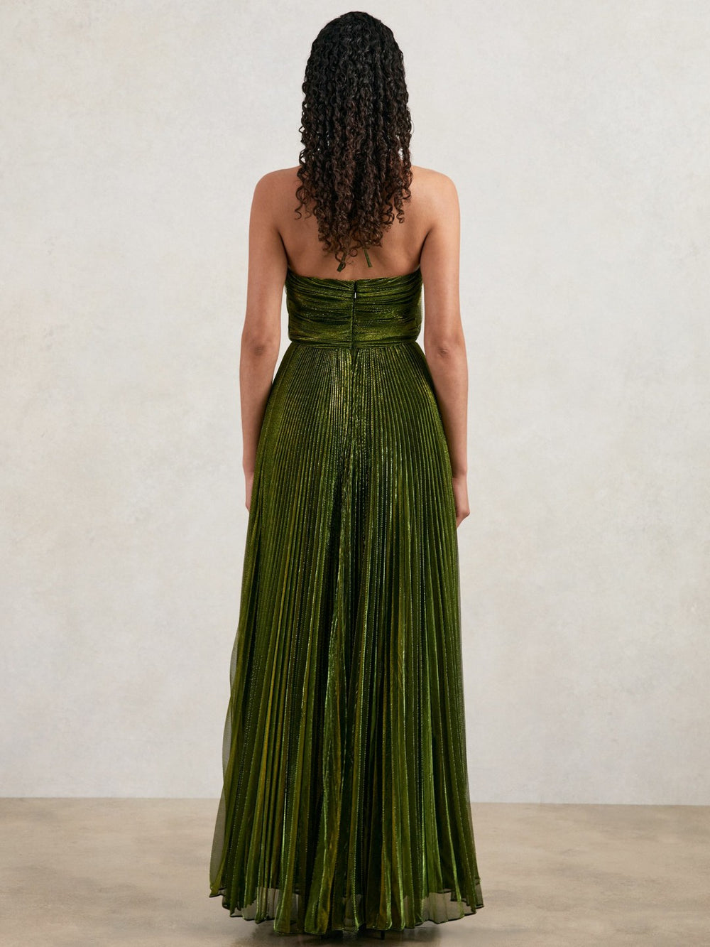 Halston Metallic Pleated Maxi Dress Dark Olive Green | Womens