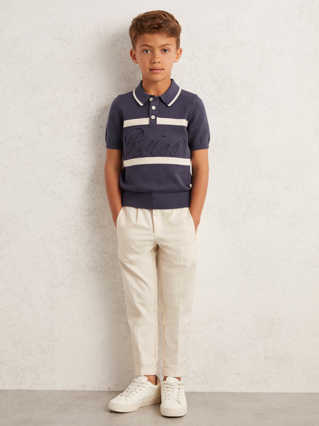 9-13 yrs Cotton Logo-Embossed Knit Polo Shirt Indigo Blue/White | Children