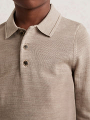 13-14 yrs Merino Wool Long-Sleeve Polo Shirt Wheat Melange | Children