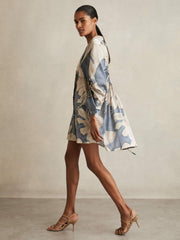 Floral Print Gathered Cut Out Shirt Dress Blue | Womens