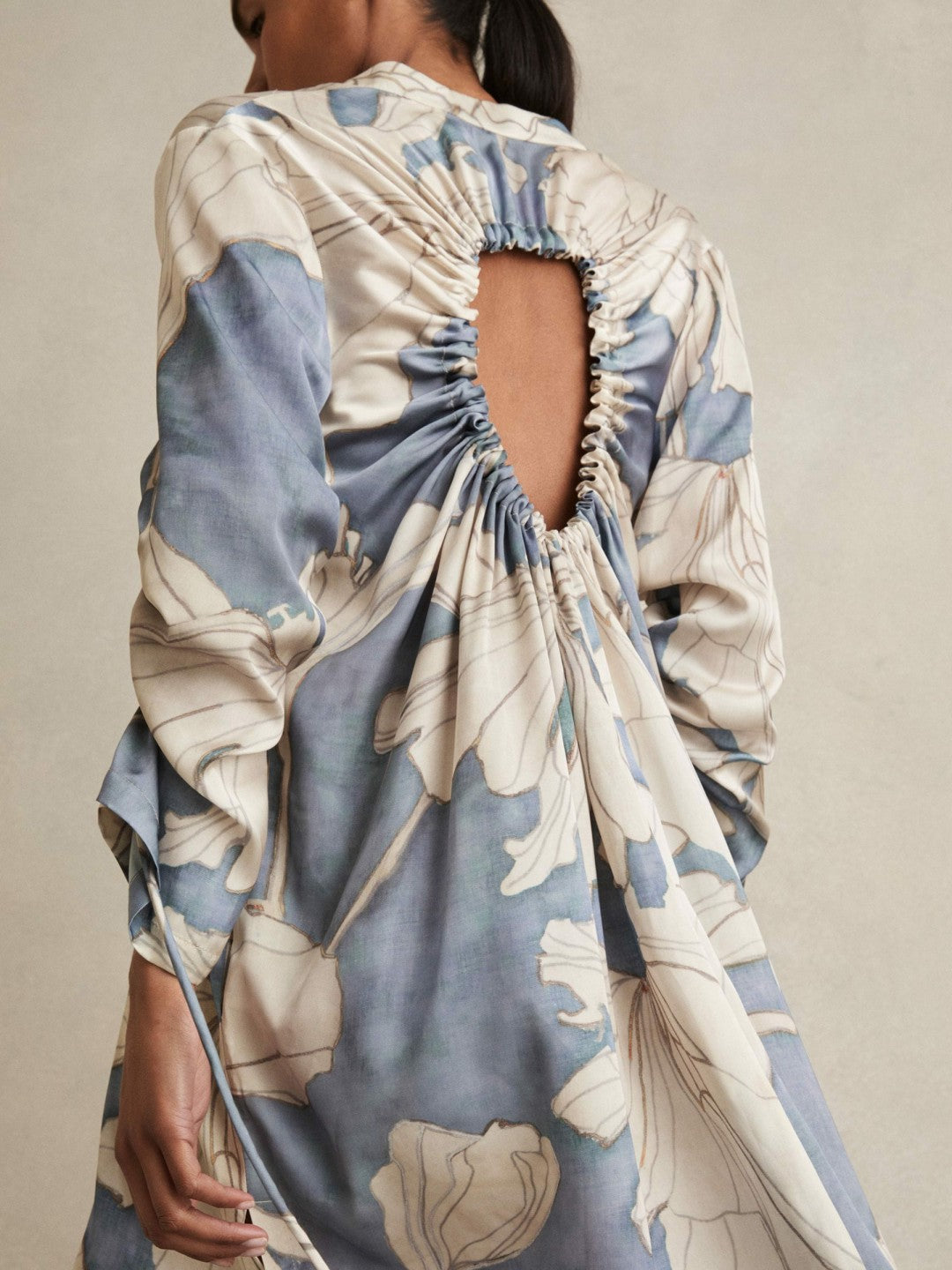 Floral Print Gathered Cut Out Shirt Dress Blue | Womens