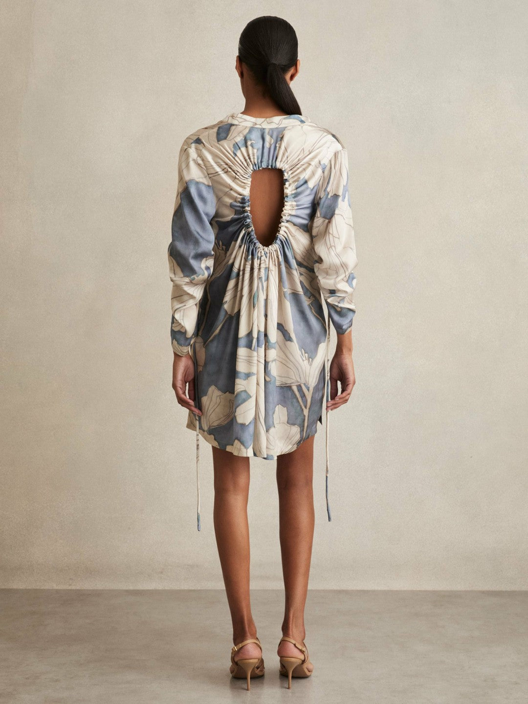 Floral Print Gathered Cut Out Shirt Dress Blue | Womens