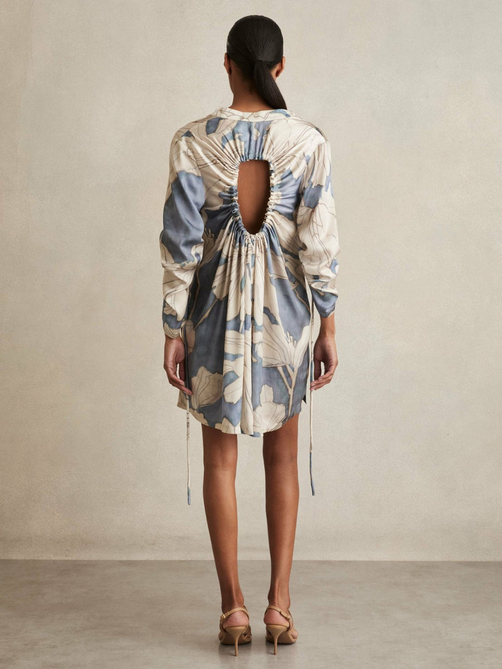 Floral Print Gathered Cut Out Shirt Dress Blue | Womens