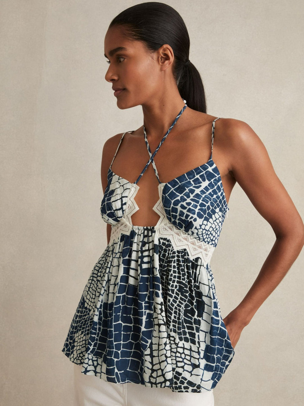 Animal Print Lace Trim Cami Top Blue | Womens