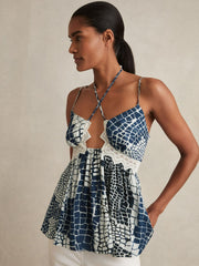 Animal Print Lace Trim Cami Top Blue | Womens