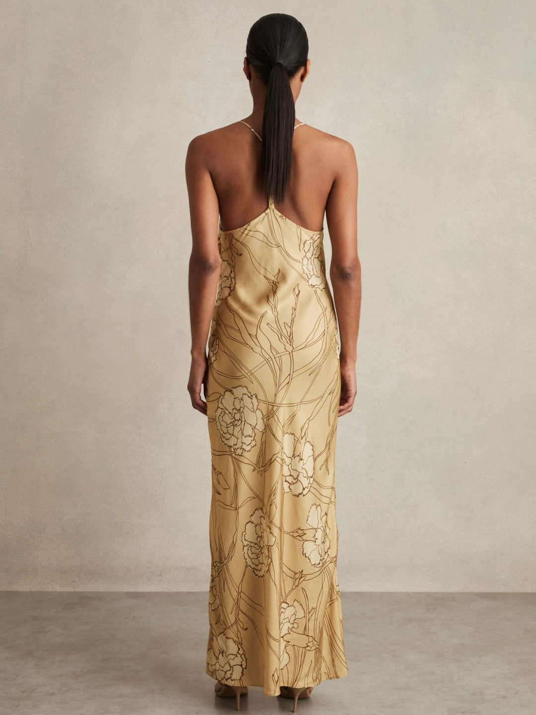 Satin Floral-Print Slip Maxi Dress Gold | Womens