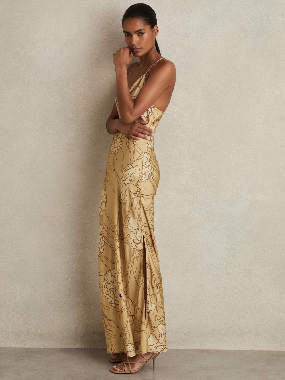 Satin Floral-Print Slip Maxi Dress Gold | Womens