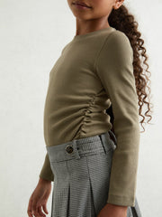 13-14 yrs Cotton Ruched Long-Sleeve T-Shirt with Stretch Khaki | Children