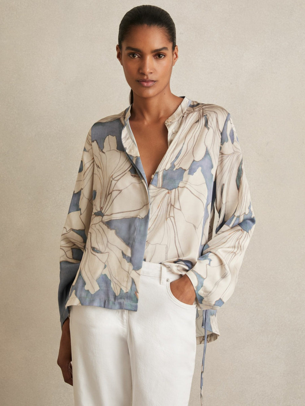 Floral Print Gathered Cut Out Shirt Blue | Womens