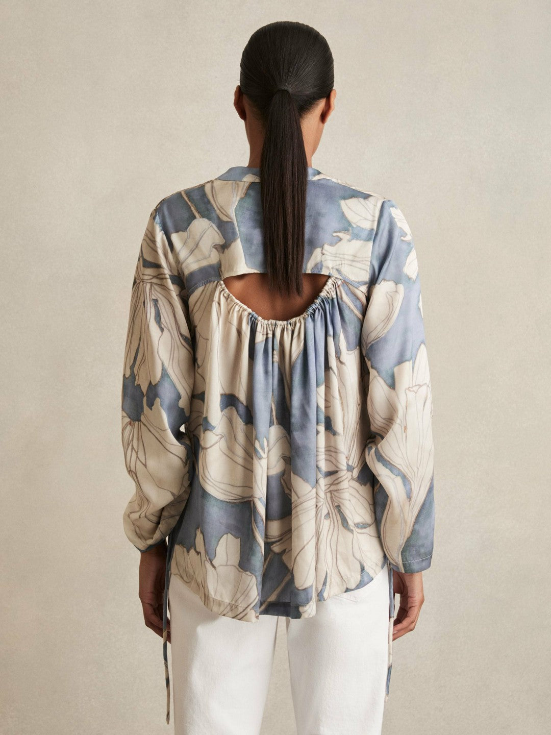 Floral Print Gathered Cut Out Shirt Blue | Womens
