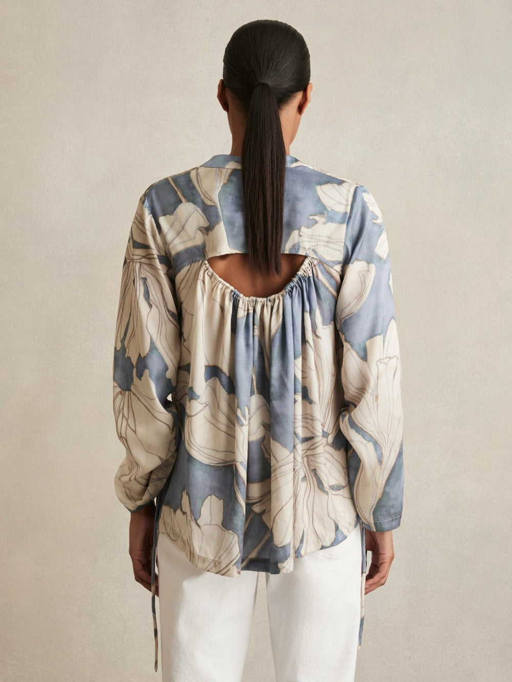 Floral Print Gathered Cut Out Shirt Blue | Womens