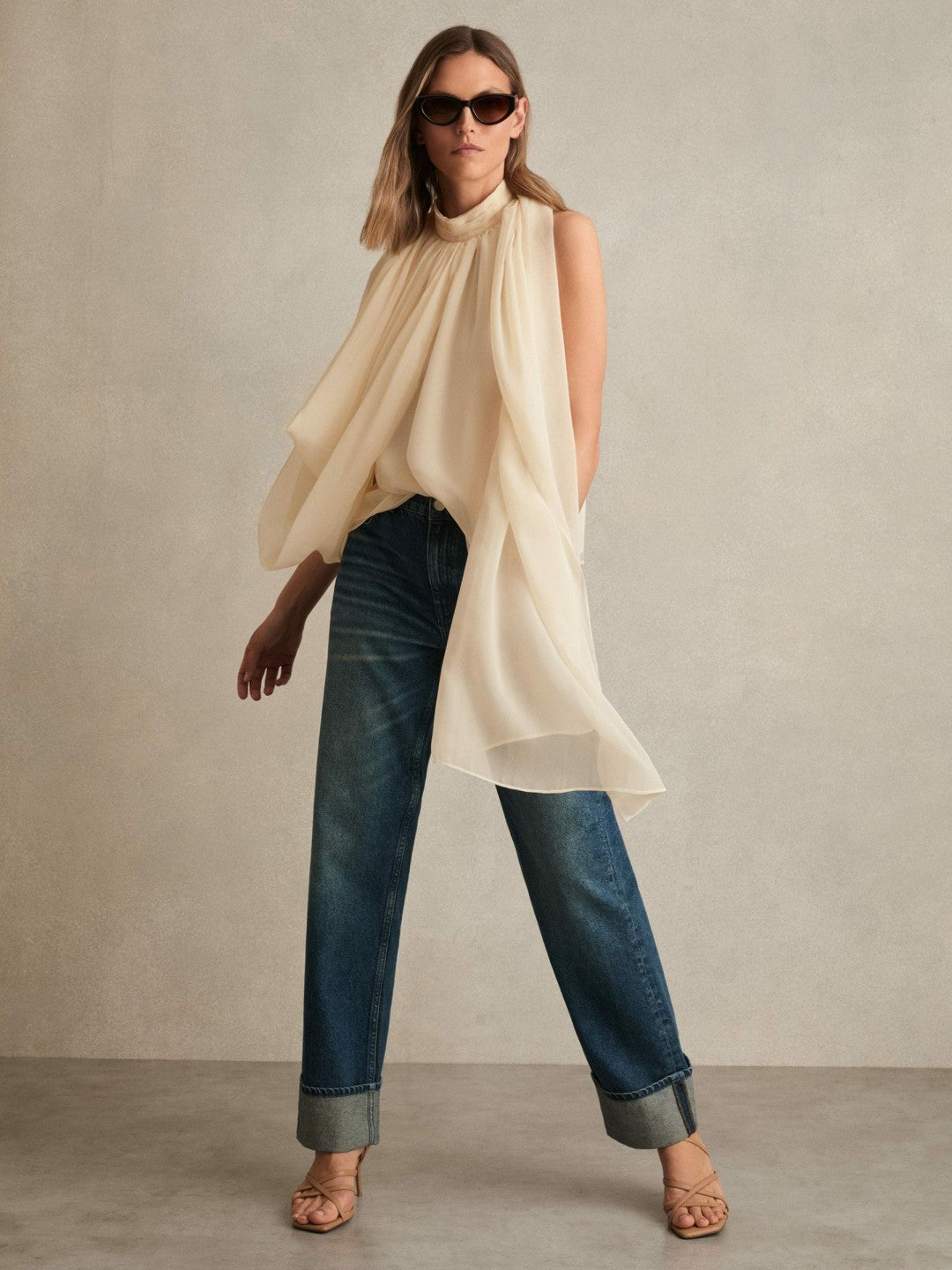 Draped Chiffon Sleeveless Top Ivory | Womens
