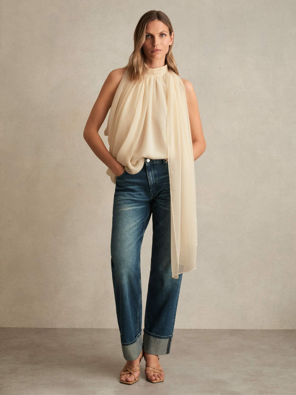 Draped Chiffon Sleeveless Top Ivory | Womens