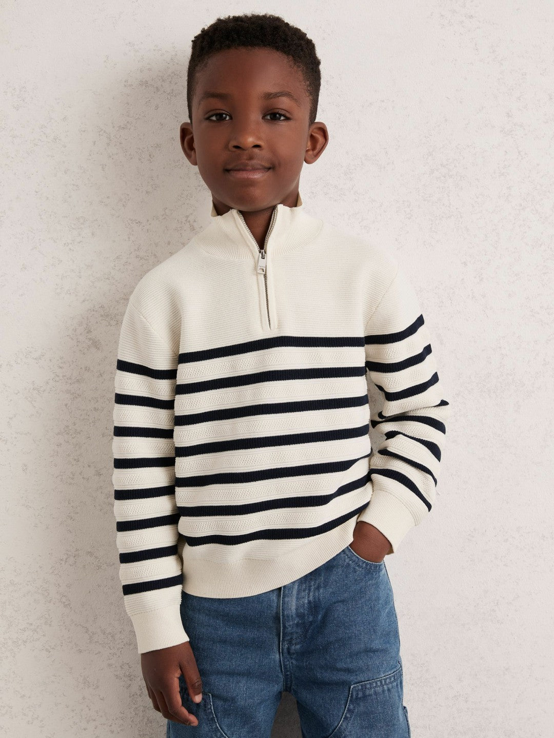 13-14 yrs Cotton-Blend Stripe Half-Zip Jumper White | Children