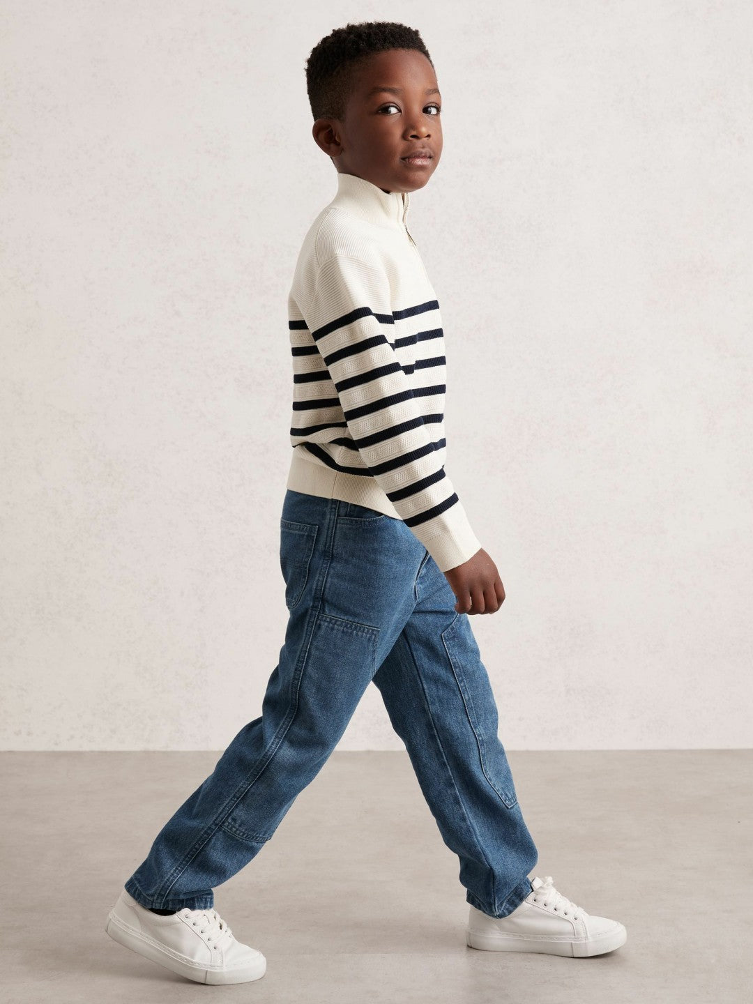 13-14 yrs Cotton-Blend Stripe Half-Zip Jumper White | Children