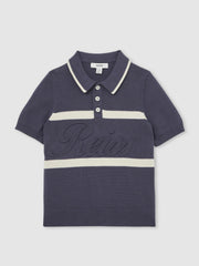 13-14 yrs Cotton Logo-Embossed Knit Polo Shirt Indigo Blue/White | Children
