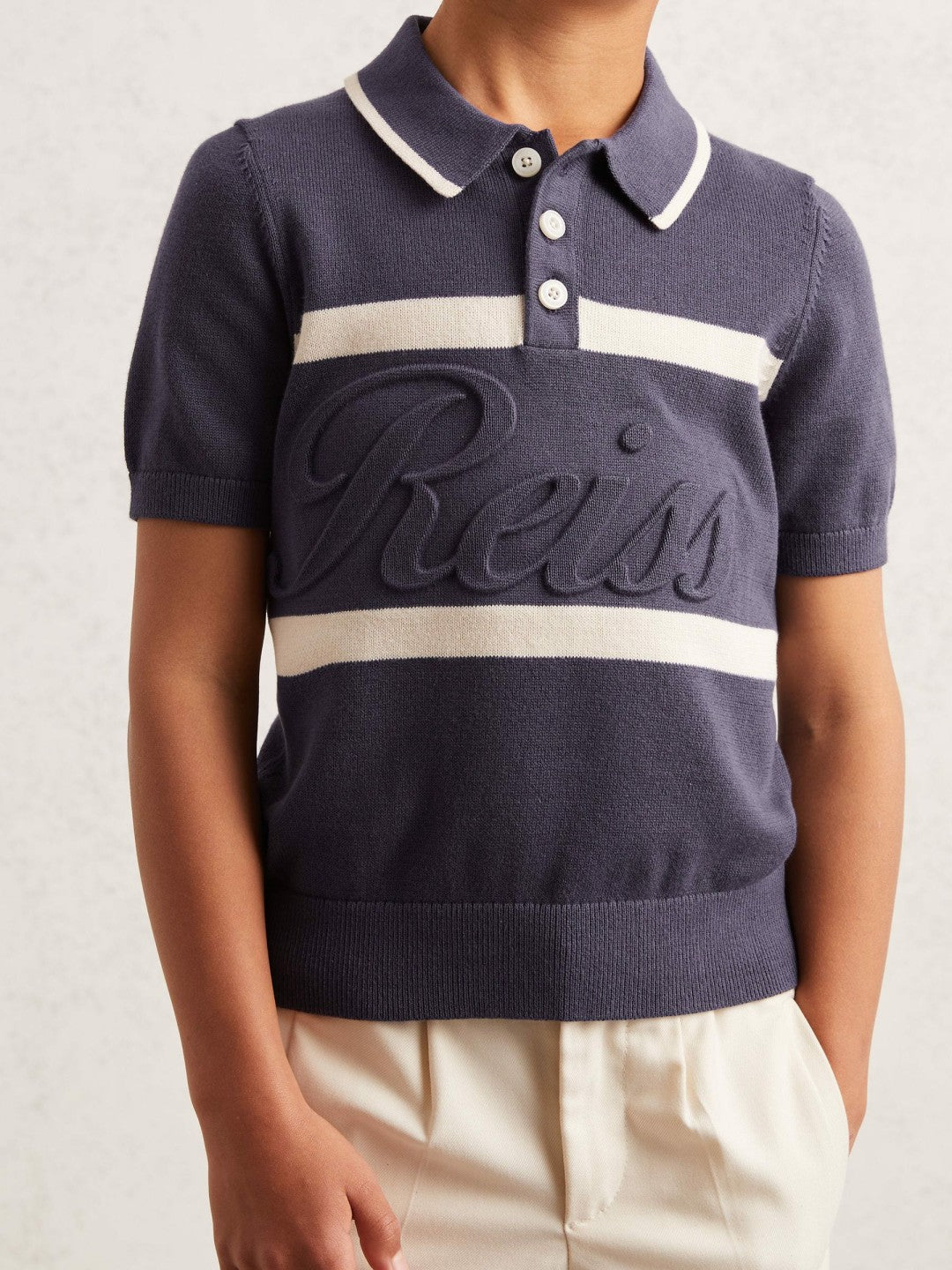 13-14 yrs Cotton Logo-Embossed Knit Polo Shirt Indigo Blue/White | Children