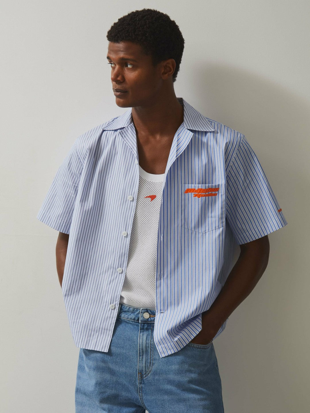 McLaren F1 Team Cuban Collar Striped Shirt Soft Blue/White | Mens