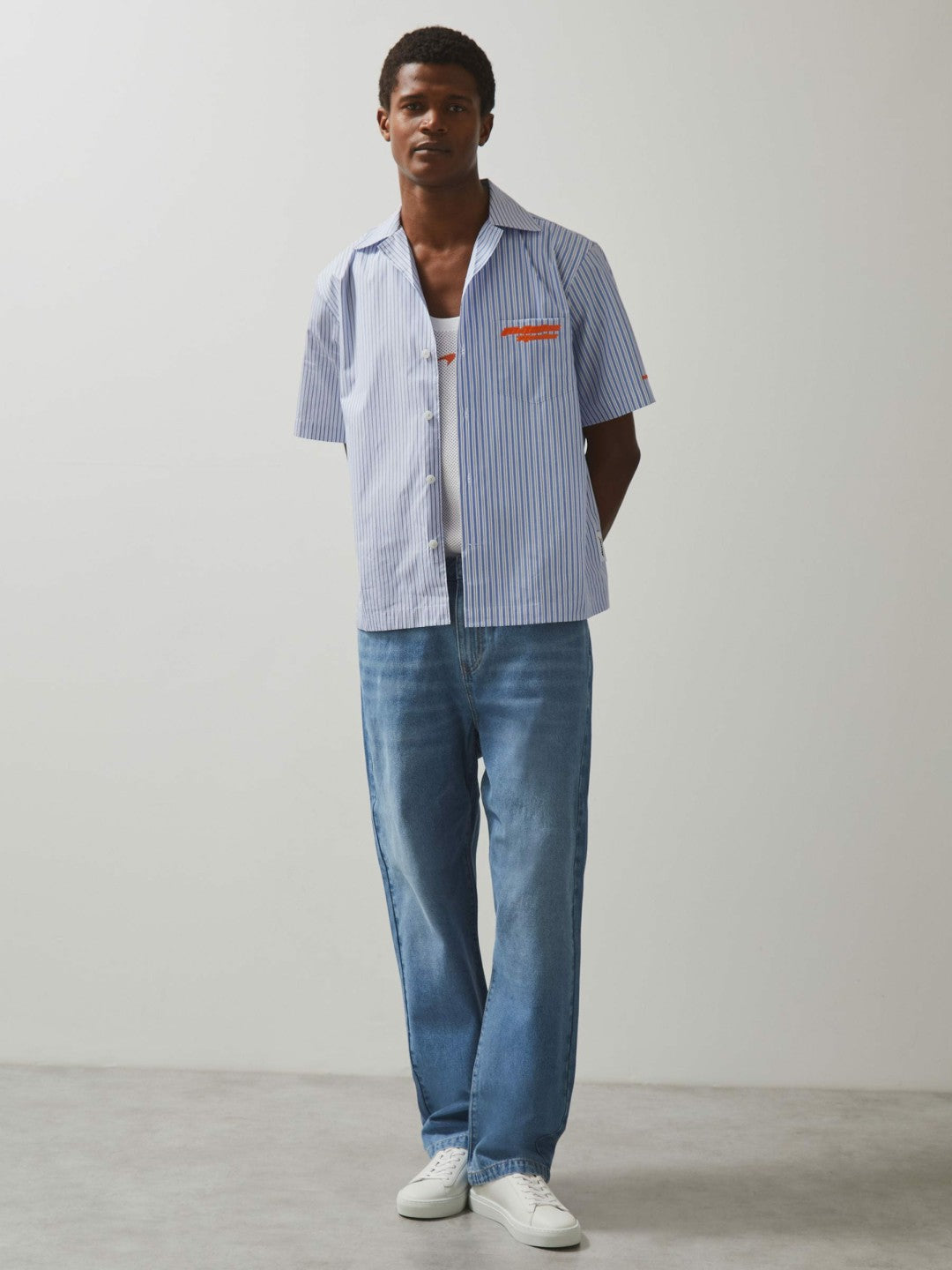 McLaren F1 Team Cuban Collar Striped Shirt Soft Blue/White | Mens