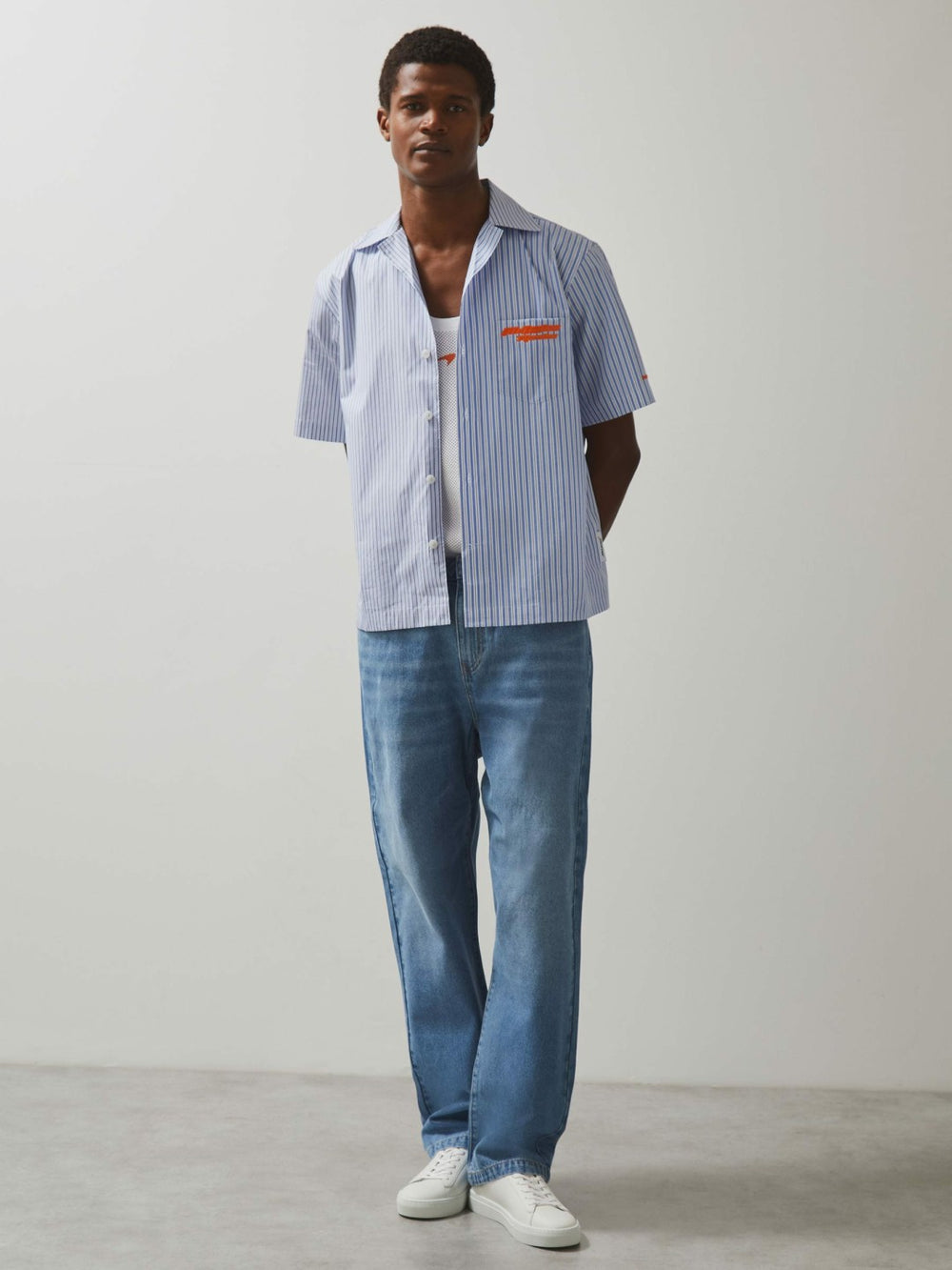 McLaren F1 Team Cuban Collar Striped Shirt Soft Blue/White | Mens