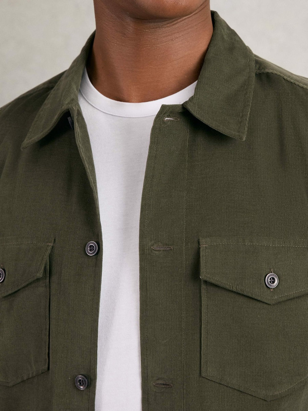 Cotton Corduroy Twin-Pocket Overshirt Khaki Green | Mens