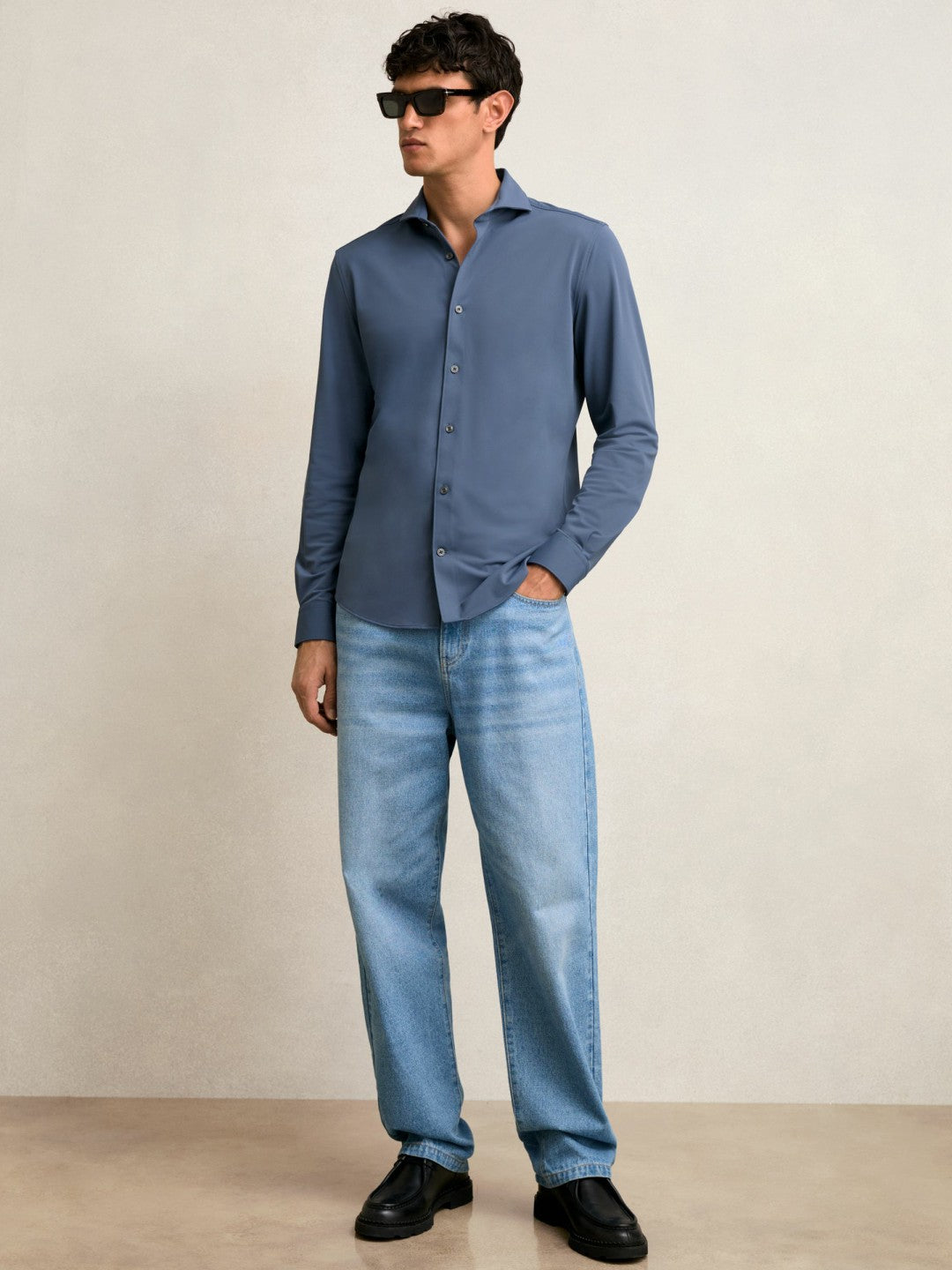 Stretch Jersey Cutaway-Collar Shirt Dark Airforce Blue | Mens