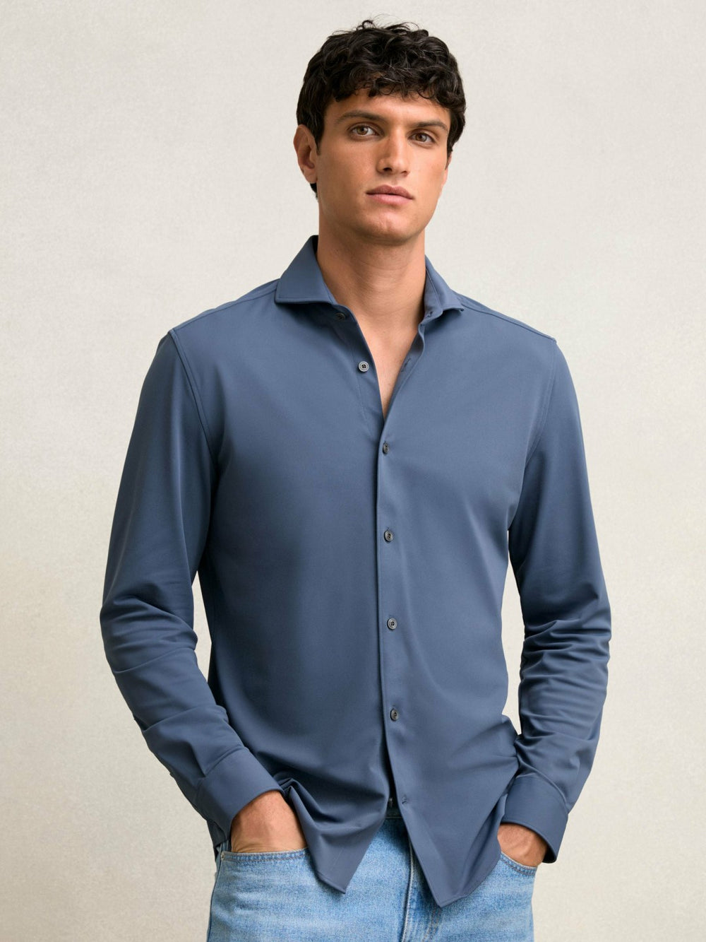 Stretch Jersey Cutaway-Collar Shirt Dark Airforce Blue | Mens