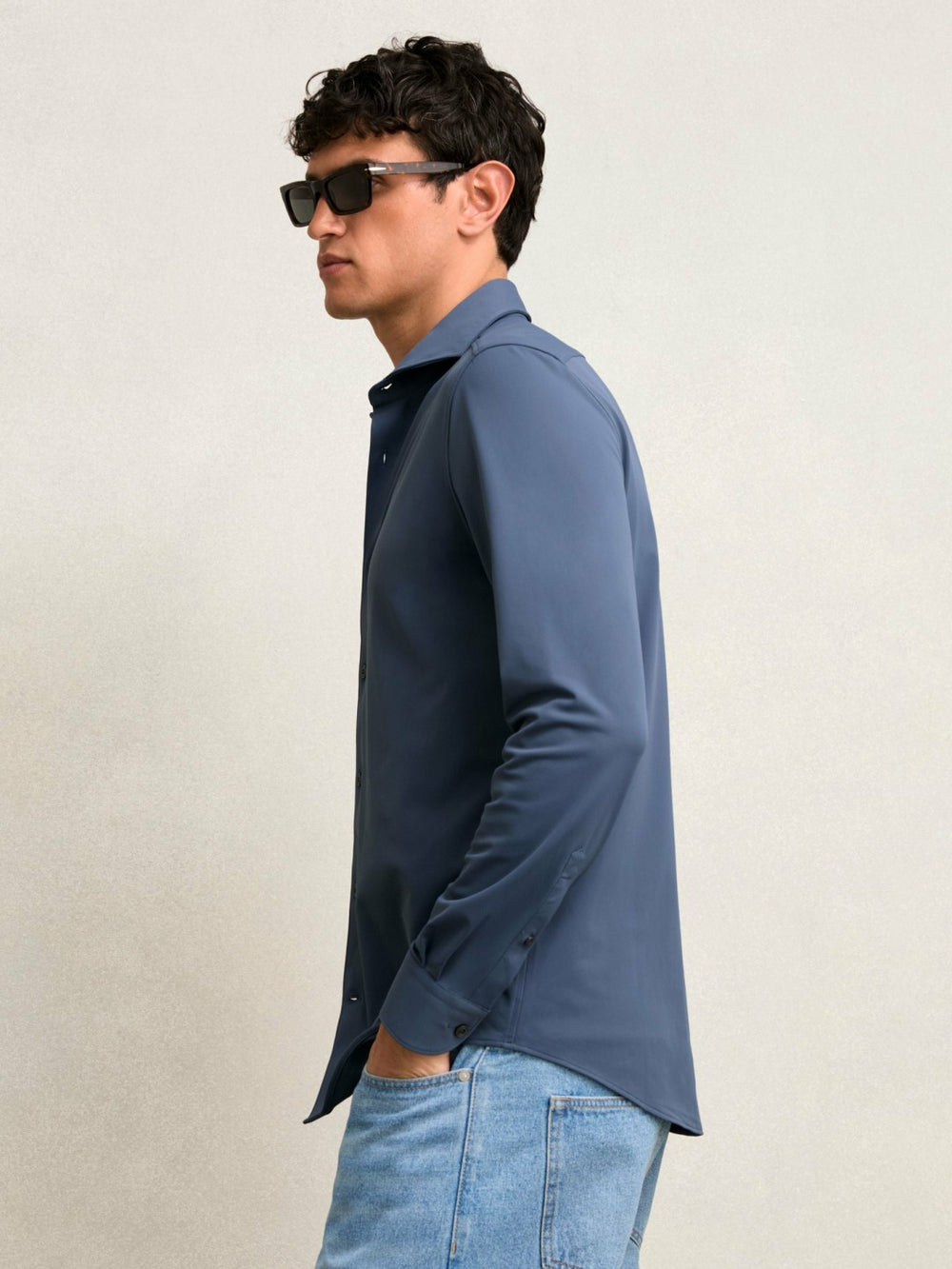 Stretch Jersey Cutaway-Collar Shirt Dark Airforce Blue | Mens