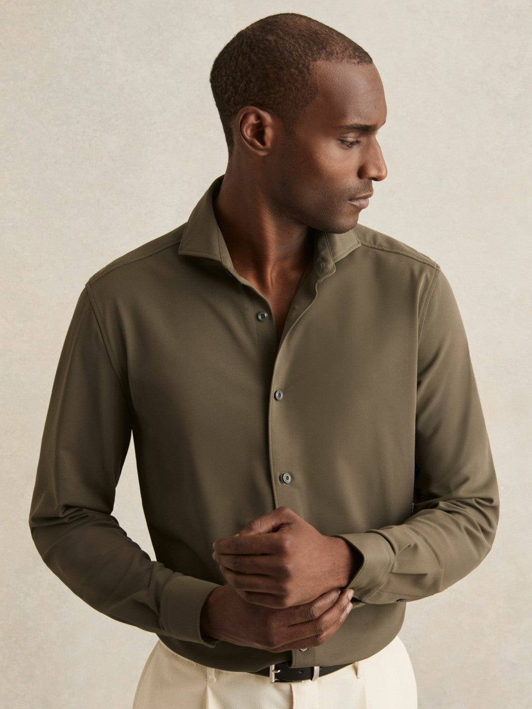 Stretch Jersey Cutaway-Collar Shirt Olive Green | Mens
