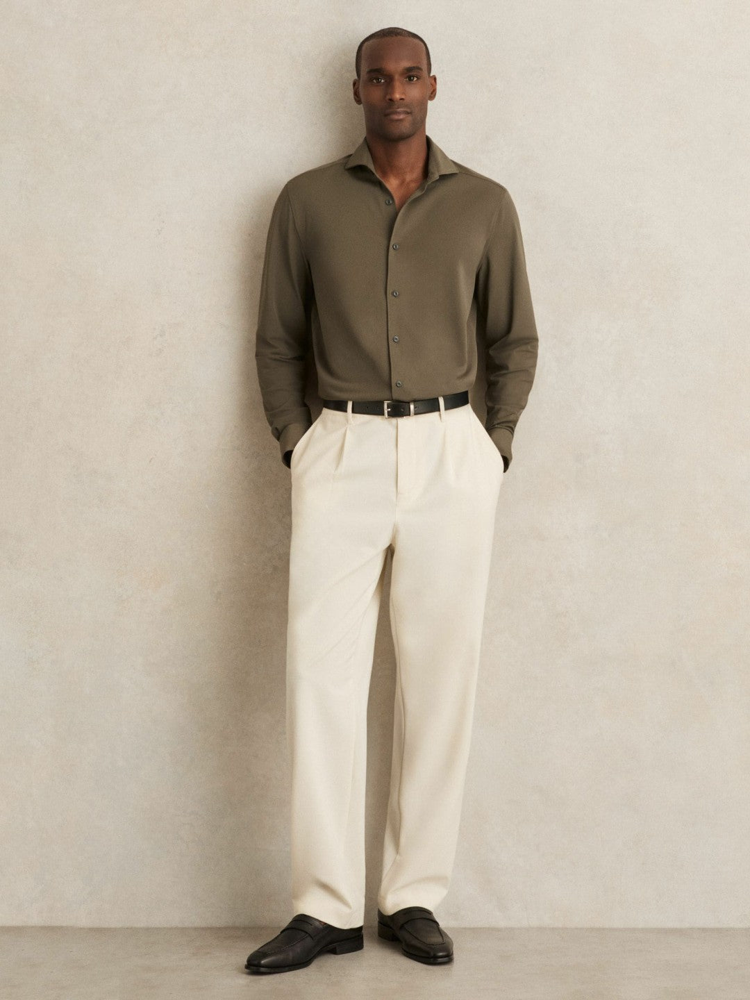 Stretch Jersey Cutaway-Collar Shirt Olive Green | Mens