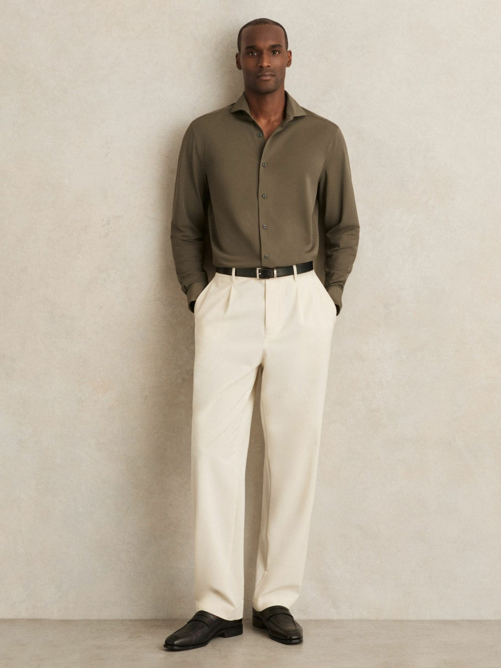 Stretch Jersey Cutaway-Collar Shirt Olive Green | Mens